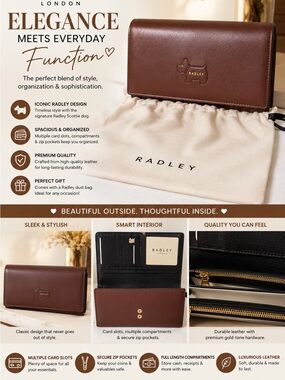 RADLEY LONDON Black Leather Zip-Around Wallet with Gold Hardware